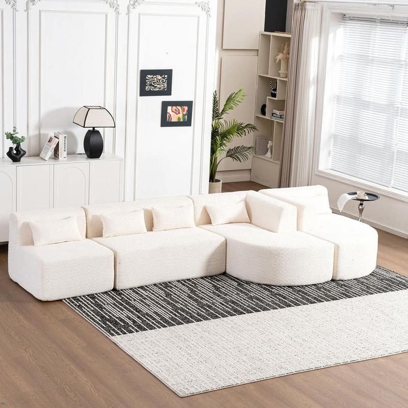 Harper & Bright Designs - 144 in. Luxury Polyester Upholstered Modern Modular Sectional Sofa in Beige with 5-Pillows