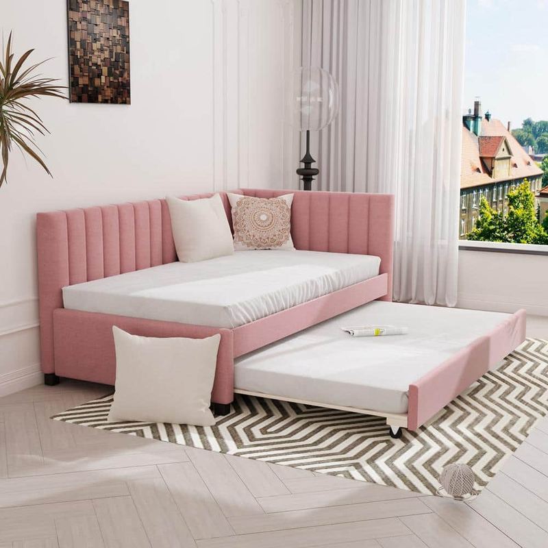 Nestfair - Pink Twin Size Upholstered Linen Fabric Daybed with Trundle