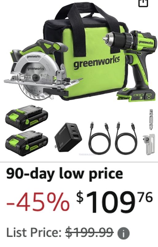 $109.76 GREENWORKS 24V DRILL AND CIRCULAR SAW COMBO