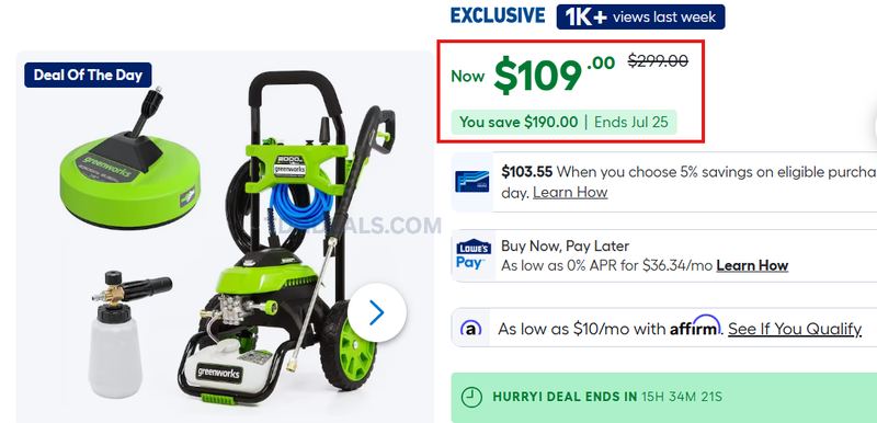 GREENWORKS PRESSURE WASHER ONLY $109