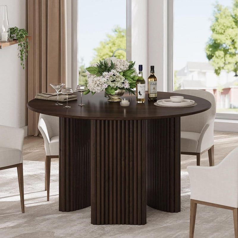 Lirago - Farmhouse Walnut Round Solid Wood 46 in. W 3-Legs Base Kitchen Dining Table Seats 4