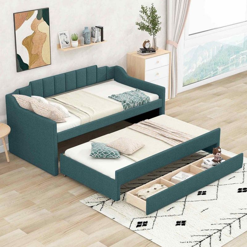 Polibi - Green Twin Size Upholstered Daybed with Trundle and 3-Drawers