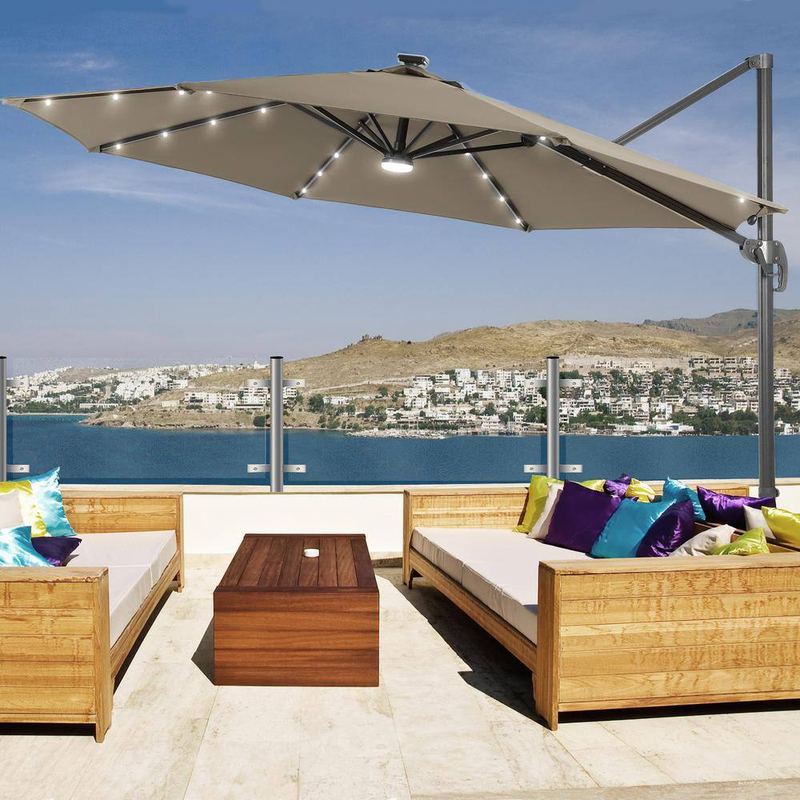JOYESERY - 10 ft. Cantilever Umbrella Solar LED Outdoor Offset Hanging 360° Patio Umbrella in Taupe