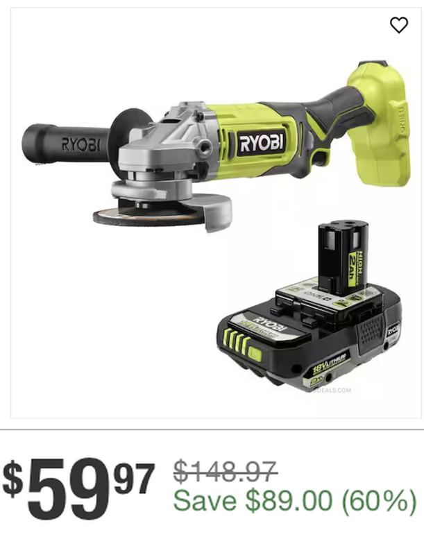 $148.97 RYOBI ONE+ 18V ANGLE GRINDER KIT FOR $59.97