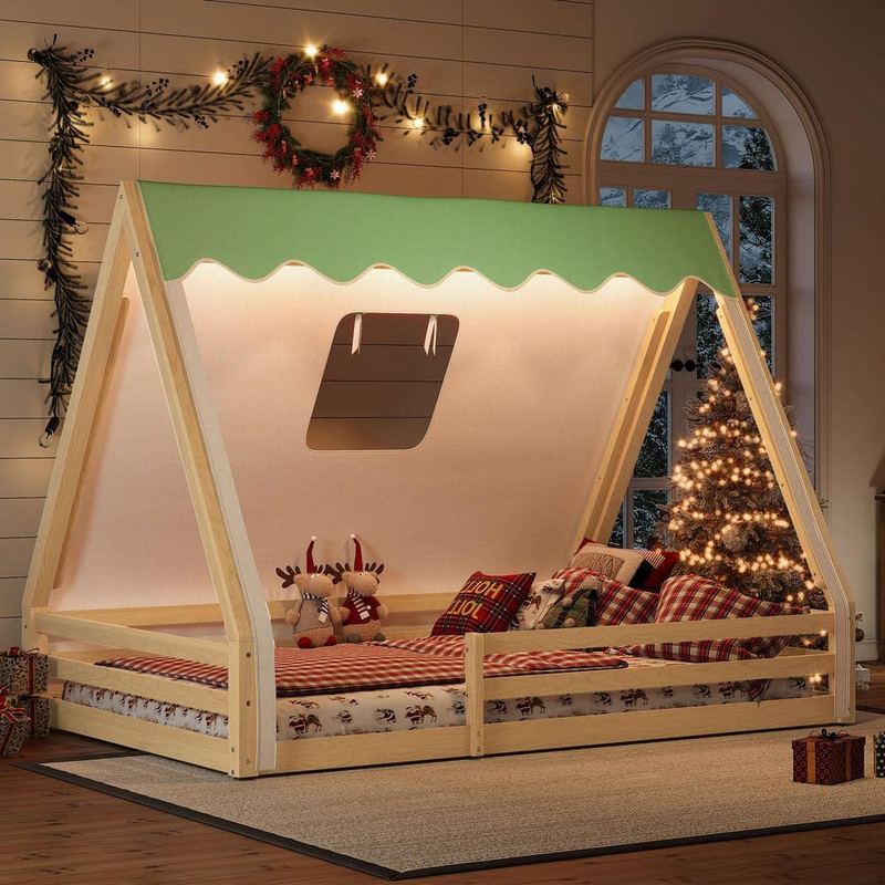 Polibi - Natural Full Size Kids Bed with Tent and Light,full-length Guardrails