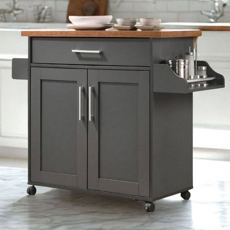 L'Baiet - Grey Wood Top 35 in. Wide Kitchen Island Cart with Utensil Drawer, Cabinet Storage, Spice Rack & Towel Holder