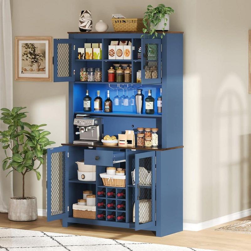 Harper & Bright Designs - Navy Blue 47.1 in. W Bar Cabinet Kitchen Pantry Hutch Cabinet with Wine Bottle Holder, Wine Glass Racks, USB Outlets,LED