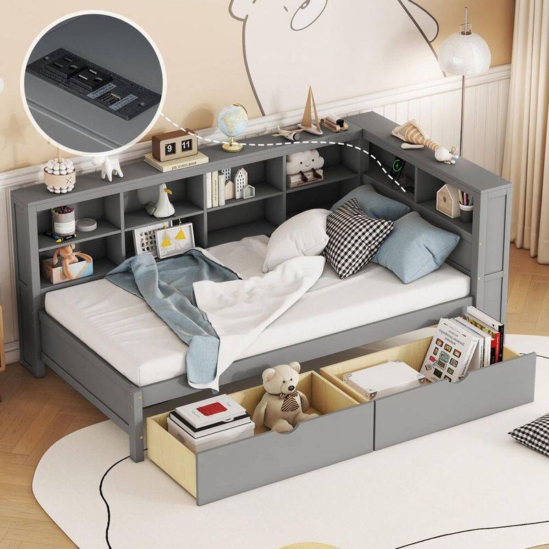 Nestfair - Gray Twin Daybed with 2 Drawers, Storage Shelf and USB Charging Ports