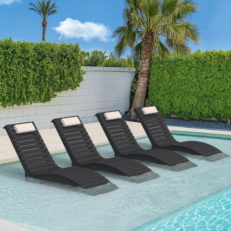 Hotormer - Black HDPS Plastic Outdoor Chaise Lounge UV Protection Waterproof Pool Lounge Chairs with Headrest Set of 4