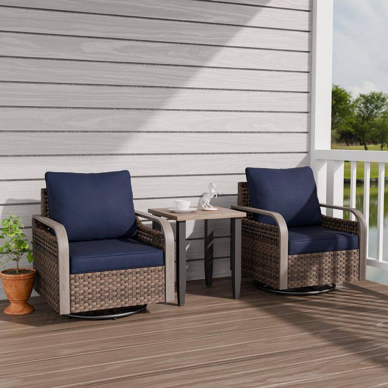 EAGLE PEAK - 3-Piece Brown Wicker Patio Swivel Rocking Bistro Set with Blue Cushions
