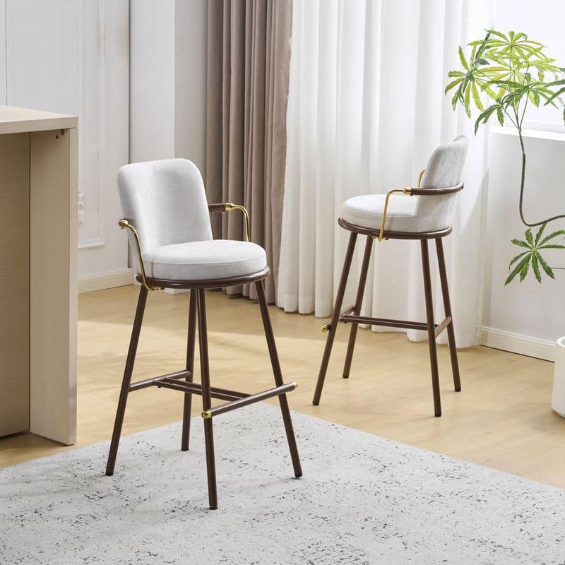 Polibi - 29.58 in. H Beige/Walnut Metal Bar Stool with Fabric Seat Set of 2