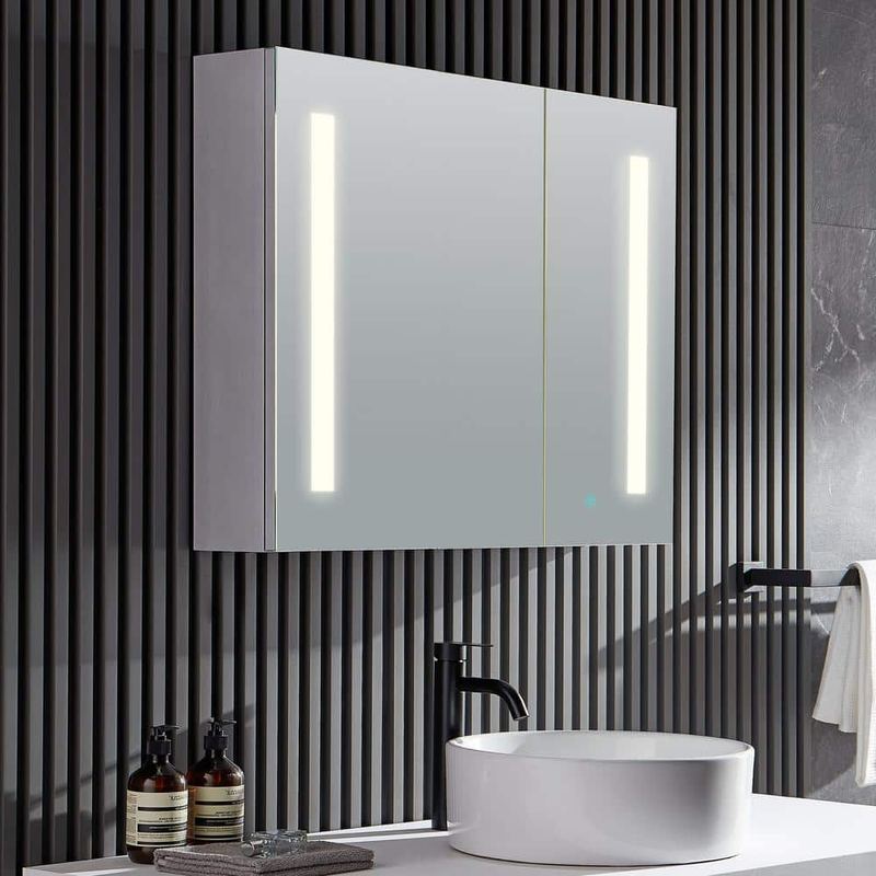 ANZZI - Ether 32 in. W x 28 in. H Surface Mount Medicine Cabinet in Siler with LED Lighting and Mirror Defogger