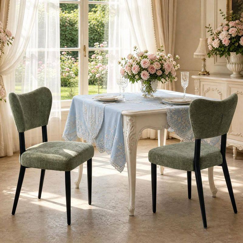 Morden Fort - Organic Green Chenille Fabric Curved Back Upholstered Dining Chair with Metal Frame for Kitchen Dining Room (Set of 2)