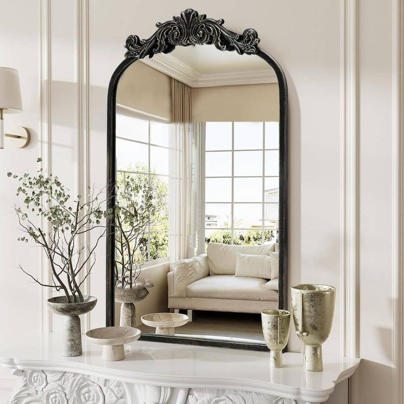 LuxHomez - 24 in. W x 35.8 in. H Black Vintage Arched Metal Frame Decorative Wall Mirror/Dressing Table Mirror