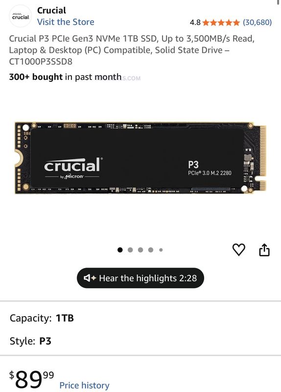 CRUCIAL P3 1TB SSD FOR $90 ON AMAZON