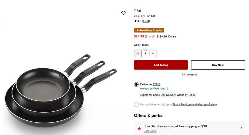 T-Fal 3-Piece Fry Pan Set for $25