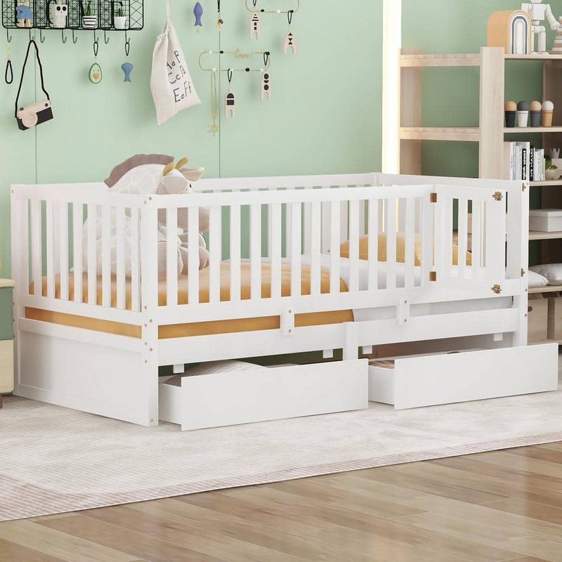 Qualler - White Twin Size Daybed with Detachable Fence and 2-Drawers