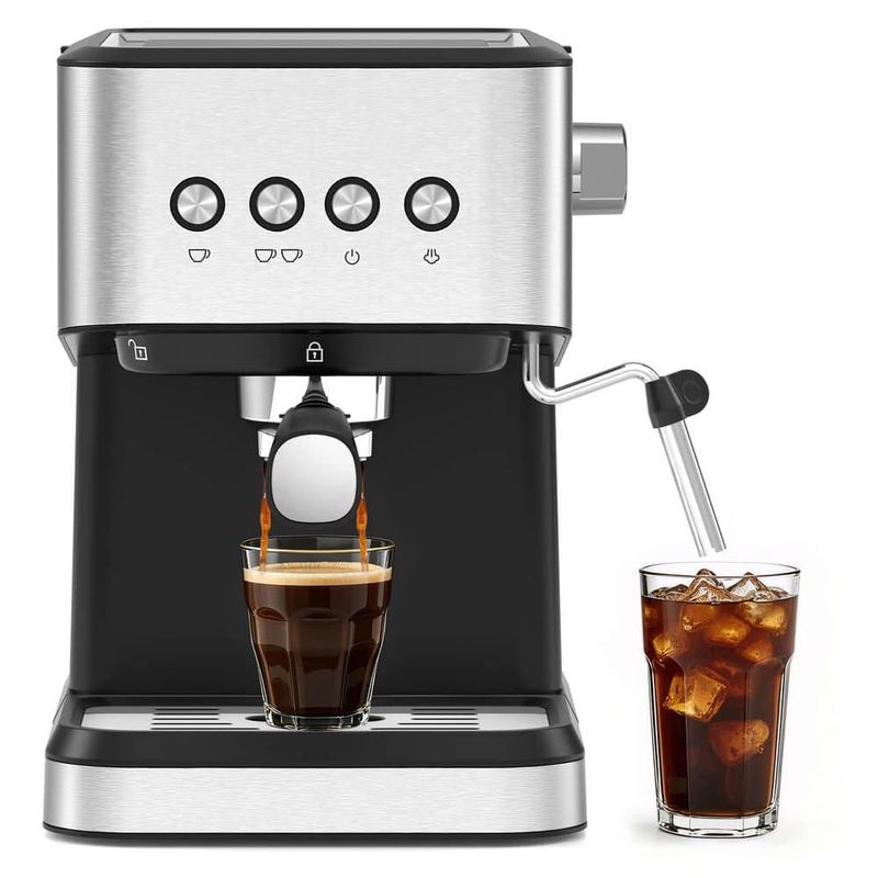 IUDommy - 2-Cup Silver Semi-Automatic Espresso Machine with 20-Bar Extraction, NTC Temp Control, Auto Shut-off