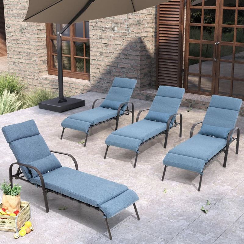 Pellebant - 4-Piece Adjustable Metal Outdoor Chaise Lounge with Cushion and Arms in Dark Blue