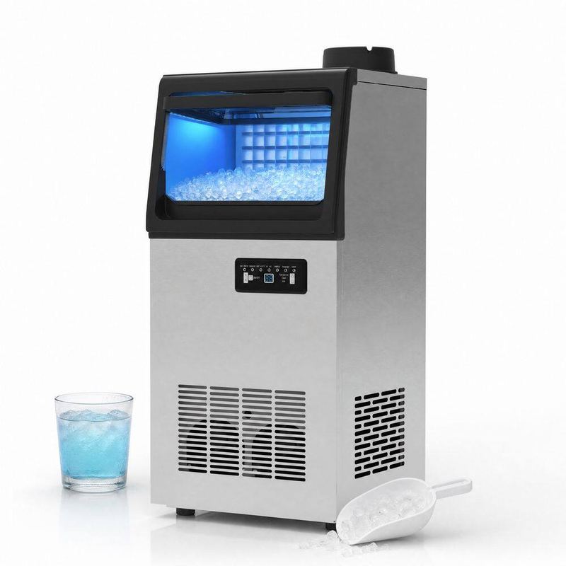 Nuxifm - 13.78 in. 110 lb. Full Size Cube Freestanding Commercial Ice Maker in Silver with 30 lb. Storage, Self-Cleaning