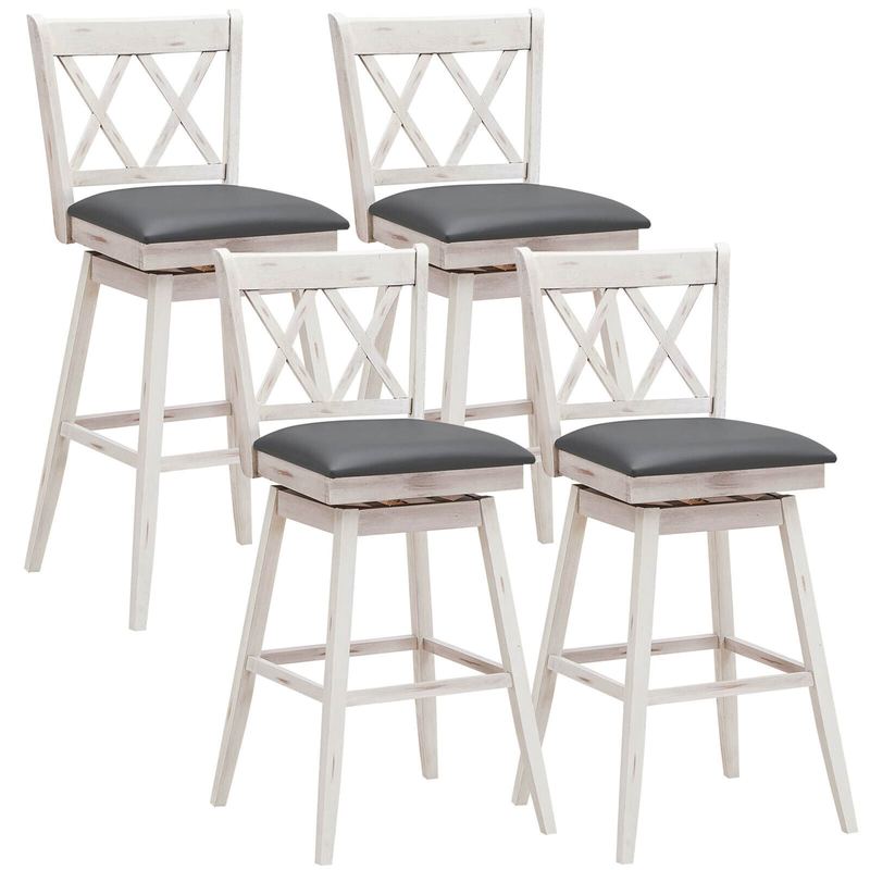 Gymax - Set of 4 Barstools Swivel Bar Height Chairs with Rubber Wood Legs - Antique White