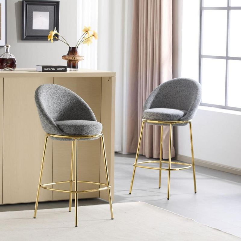 Polibi - 30 in. H Gold/Gray Metal Bar Stool with Fabric Seat Set of 2