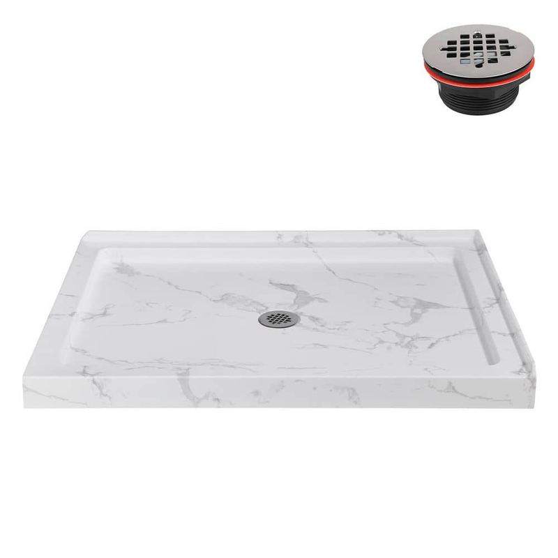 Streamline - 48 in. x 36 in. Corner Acrylic Shower Pan Base in Matte Marble with Center Drain, Drain Included