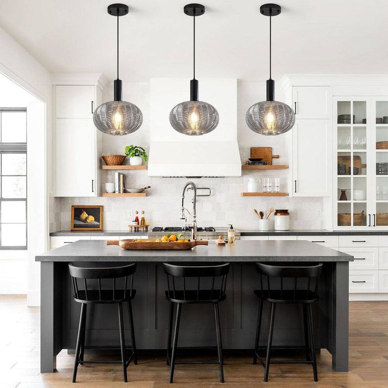ADSENSTY - 1-Light Modern Black & Smoke Gray Spherical Hanging Pendant Light with Textured Glass Shade
