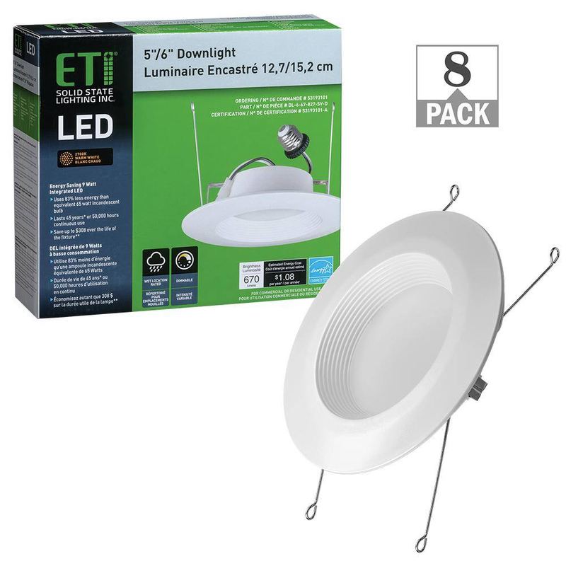 ETI LIGHTING - 8-pack 5 in./6 in. 2700K Warm White Integrated LED Recessed Trim Downlight 670 Lumens Wet Rated Dimmable