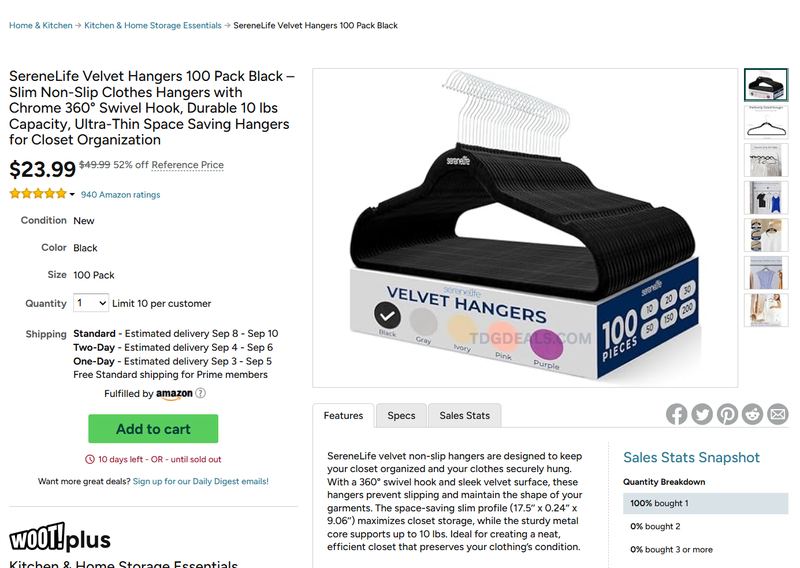 $49.99 SERENELIFE VELVET HANGERS, 100 PACK for $23.99 at Woot