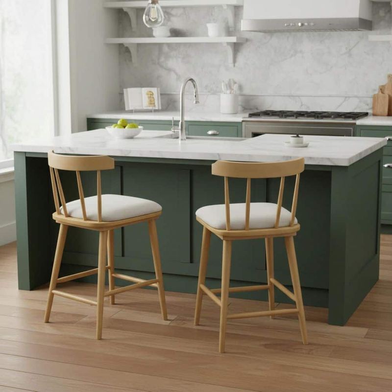 Harper & Bright Designs - Windsor Style 38 in. H Natural Finish Solid Wood Counter Bar Stools with Beige Fabric Seat (Set of 2)