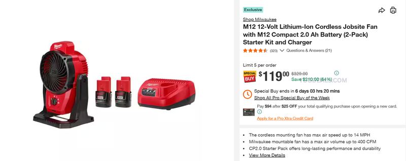 MILWAUKEE M12 CORDLESS JOBSITE FAN KIT — $119