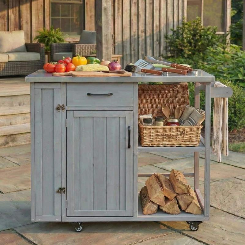 Polibi - Grey Stainless Steel Top Kitchen Cart with Stainless Top, Ample Storage Space, Towel and Spice Racks