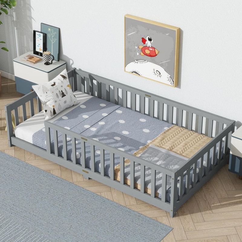 Polibi - Gray Twin Size Kids Bed with Fence Without Door, Safety Guardrails