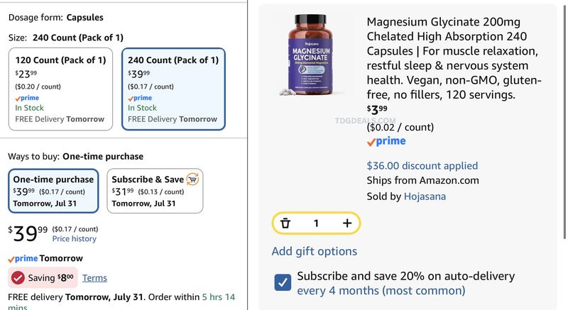 $39.99 Magnesium Glycinate 240-Count for $3.99