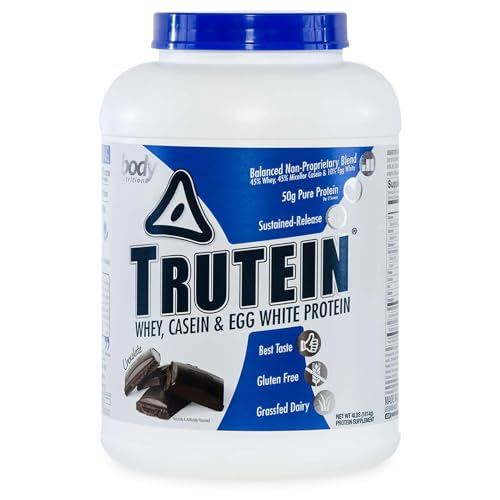 Body Nutrition Trutein High Protein Powder: 45% Whey, 45% Casein, 10% Egg White, Gluten-Free, Low Sodium, Grass Fed Whey Protein Powder, Gym Supplement & Breakfast Shake, Chocolate, 4lb