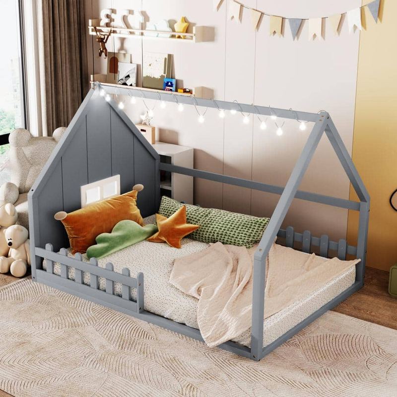 Nestfair - Gray Full Size Wood House Kids Bed with Window and Fence