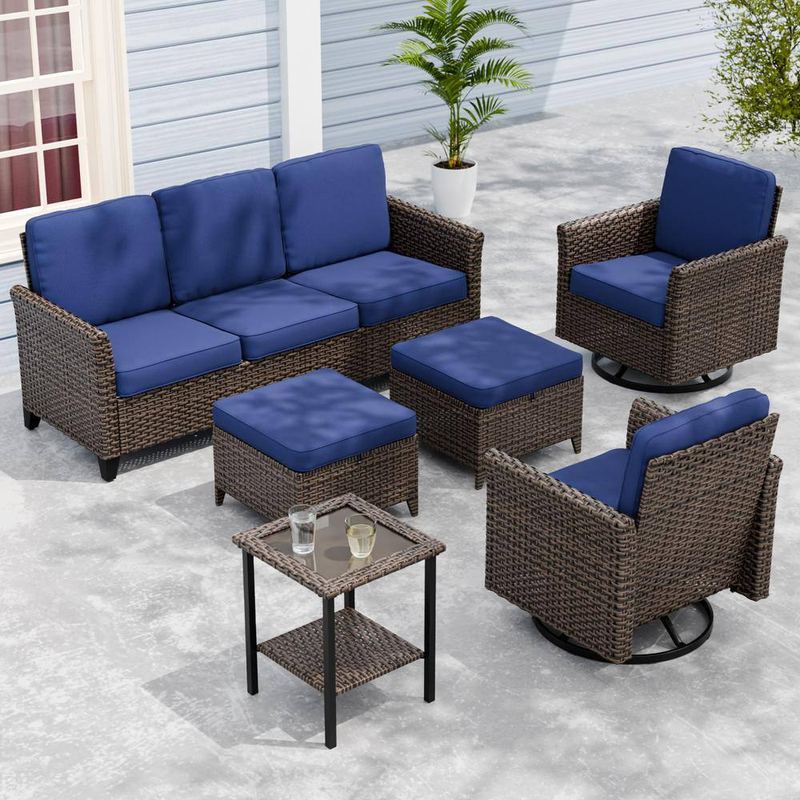 EAGLE PEAK - 6-Piece Mix Brown Wicker Patio Conversation Set Wide Armrest 3-Seat Sofa Set, Blue Cushions, Swivel Chairs