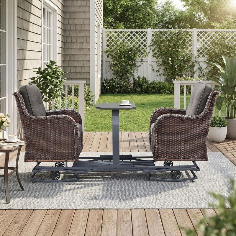 moosprr - ArcLine Brown PE Wicker 2-Person Outdoor Glider Chair with Gray Olefin Cushions and Center Side Table
