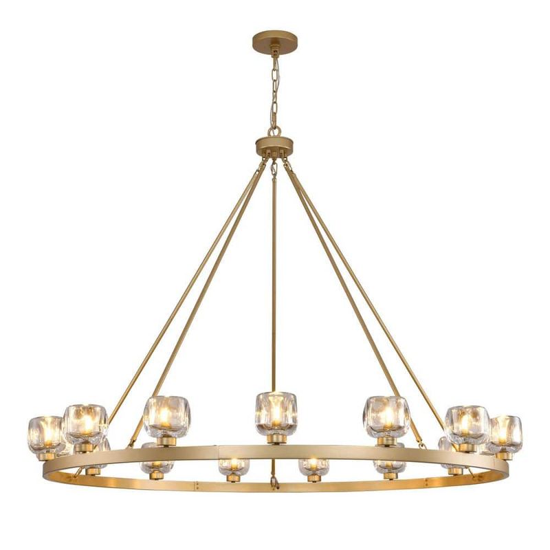 PUYRNF - 15 Lights 59 in. Dimmable Wagon Wheel Gold Chandelier with Glass Shade for Dining Room Living Room Bedroom Foyer
