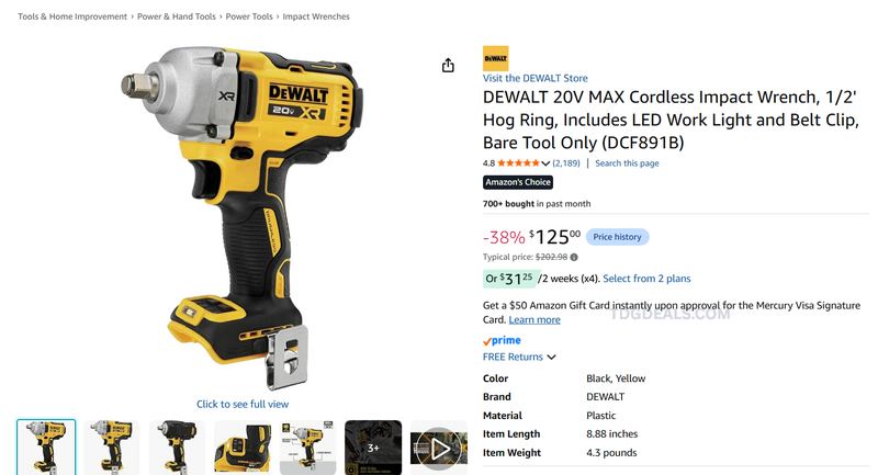 DEWALT 20V MAX 1/2-IN IMPACT WRENCH — $125.00