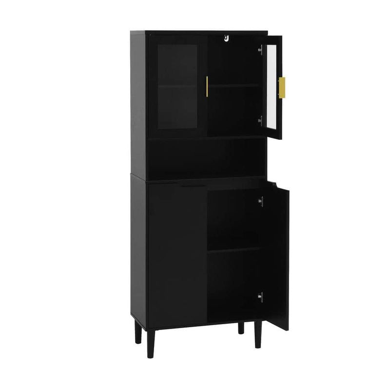 Nestfair - 23.62 in. W x 13.78 in. D x 63 in. H Black Linen Cabinet with 2-Glass Display Door and 2-Doors