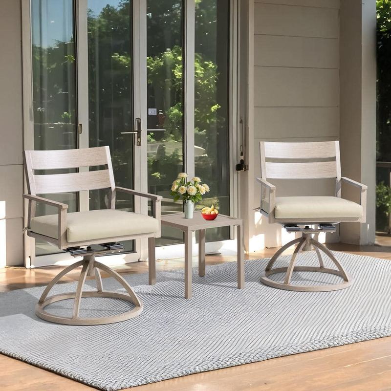 Crestlive Products - Woodgrain Aluminum Outdoor Dining Chair with Sunbrella Beige Cushion (2-Pack)