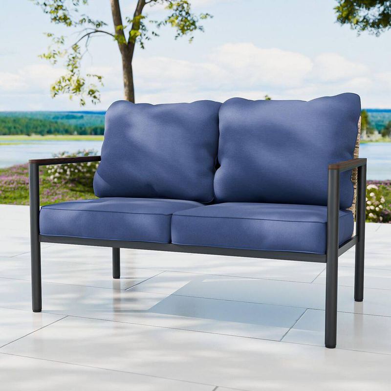 EAGLE PEAK - Black Metal Frame Brown Rattan Wicker Outdoor Patio Loveseat with Blue Cushions