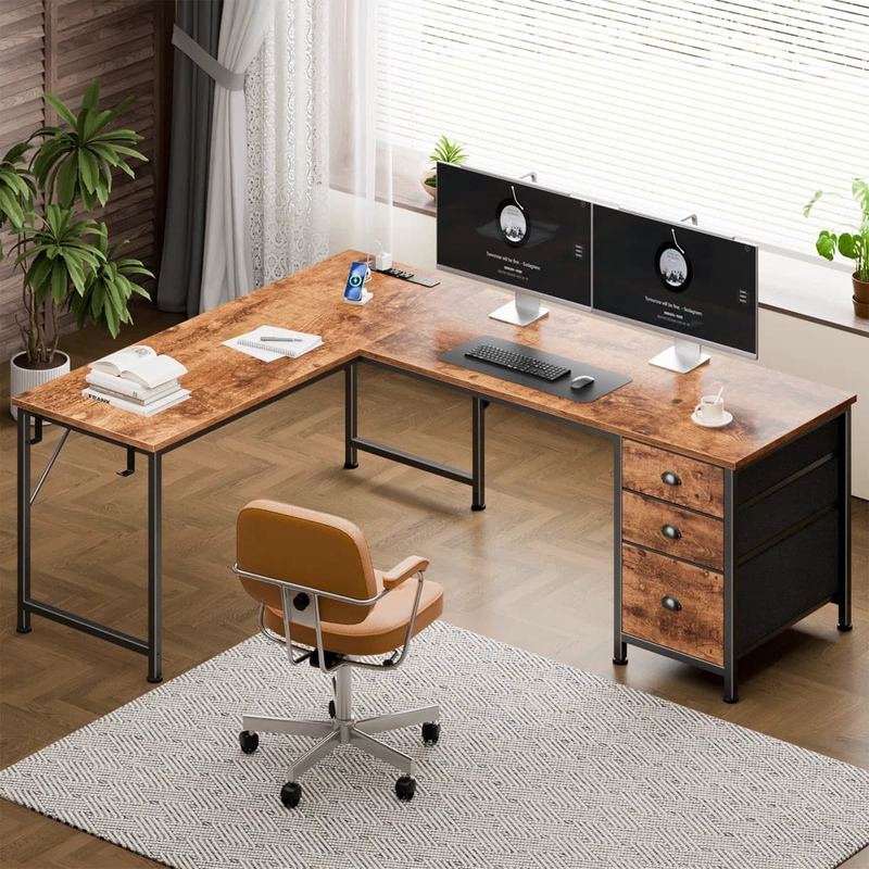 Furnulem - 63 In Gaming Desk with LED Lights Power Outlets Computer Desk with Drawers Printer Stand - Brown