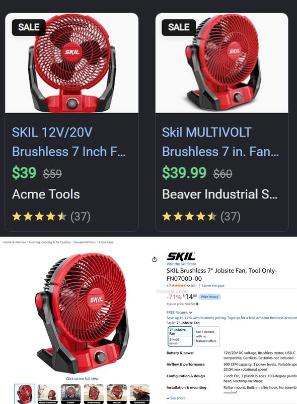 SKIL BRUSHLESS 7" JOBSITE FAN — $14