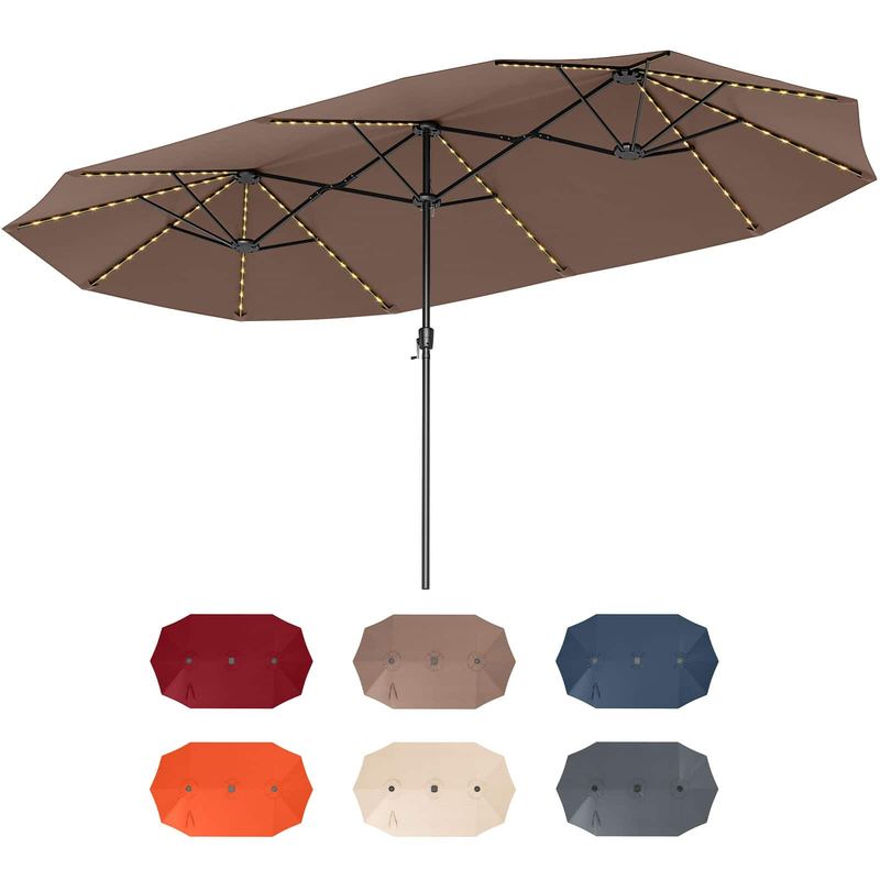 Costway - 15.5 FT Extra-Large Patio Umbrella with LED Solar Lights & 12 Heavy-Duty Ribs - Brown