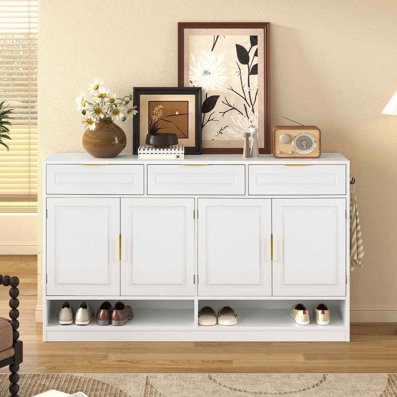 Polibi - White MDF Wood Buffet with 3 Drawers Adjustable Shelf and Open Storage Compartments