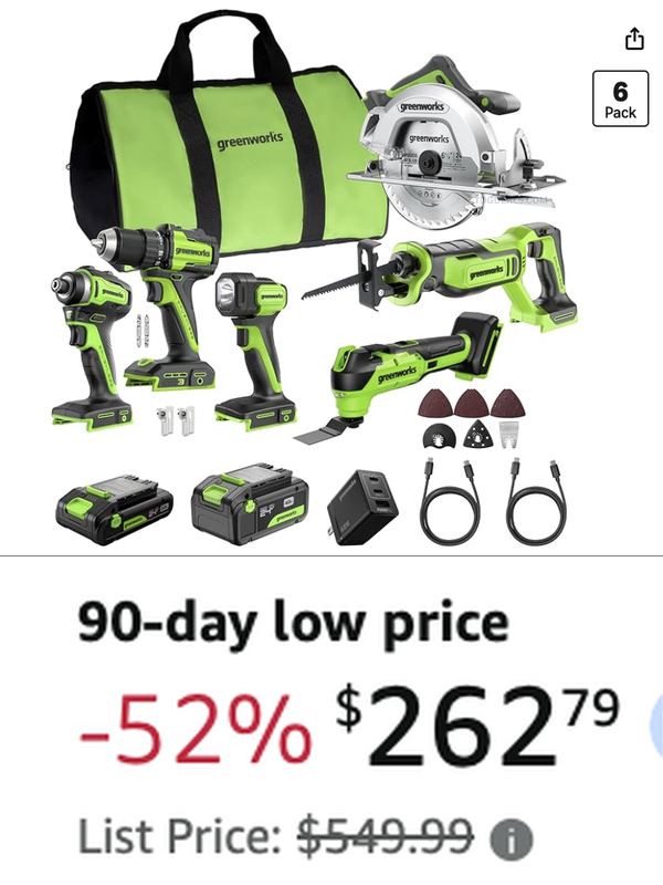 $549.99 GREENWORKS 24V 6-TOOL COMBO KIT NOW $262.79 🛠️