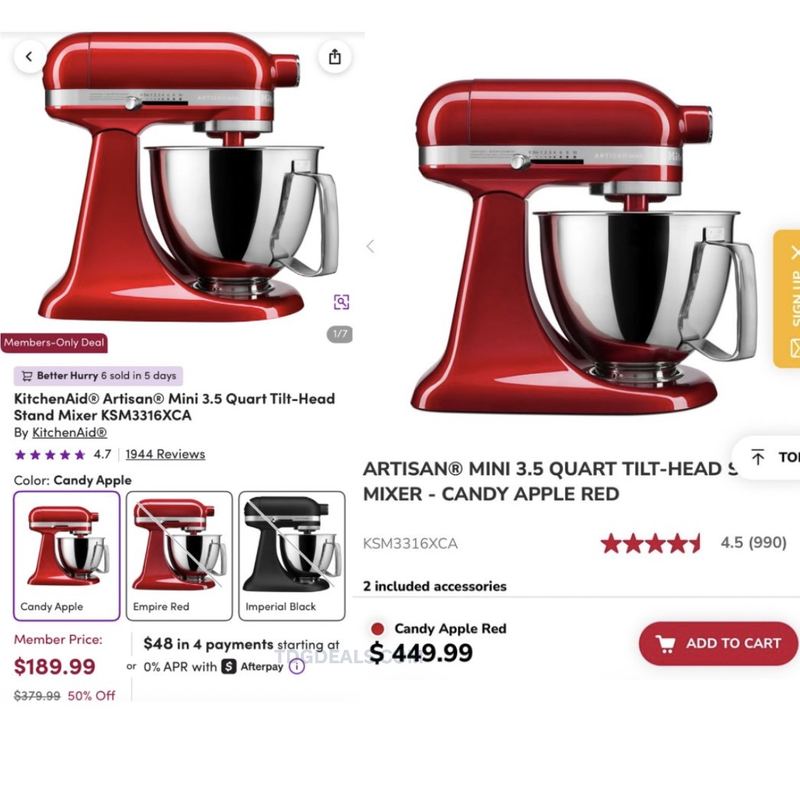 KITCHENAID ARTISAN MINI MIXER $180